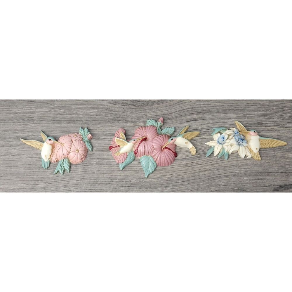VTG 1993 Set of 3 Burwood Products Hummingbird Floral Wall Hanging Plaques